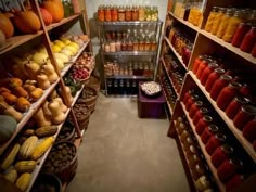 a store filled with lots of different types of fruit and veggies on shelves