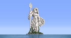 an image of a statue made out of lego blocks in the water with a spear