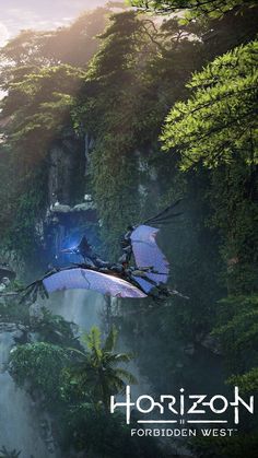 the poster for horizon forbidden west is shown in front of a waterfall and forest scene