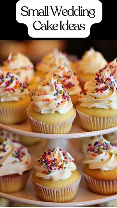 wedding-themed cupcakes with frosting and sprinkles Mini Wedding Cakes For Two, Micro Wedding Cake, Small Wedding Cake With Cupcakes, Small Cake Ideas, Simple Wedding Cupcakes, Simple Wedding Cake Designs, Tiny Wedding Cake