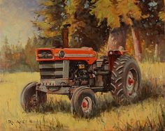 a painting of an old red farmall tractor in a field with trees behind it