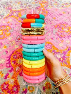 The perfect bracelets to bring into spring + summer with you! Stack them up, add as many colors as you want! Super comfortable and tight enough to not clink around everywhere! Maximalist Fashion, Preppy Gifts, Acrylic Bracelet, Weird Jewelry, Pink Rainbow, Bright Side, Good Energy, Pink Bracelet, Product Photos