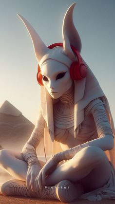 a woman with headphones sitting on the ground in front of some sand dunes and pyramids