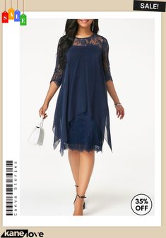 Navy Blue Three Quarter Sleeve Chiffon Overlay Lace Dress Sleeve Lace Dress, Chiffon Overlay, Lace Dress With Sleeves, Three Quarter Sleeves, Elevate Your Style, Quarter Sleeve, Dress Fabric, Women's Fashion Dresses, Three Quarter