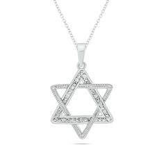 Whether for faith, heritage or both, this vintage-inspired Star of David pendant is a meaningful style. Created in sterling silver, this open-worked choice features diamond-accented and intricate milgrain-detailed triangles layered in a Star of David design. Polished to a bright shine, this pendant suspends along an 18.0-inch cable chain that secures with a spring-ring clasp. Silver Star Of David Necklace For Formal Occasions, Formal Silver Star Of David Necklace, Classic Silver Star-shaped Jewelry, Classic Star Of David Jewelry For Anniversary, Classic White Gold Star Of David Jewelry, Formal Star Of David Jewelry With Diamond Accents, White Gold Star Of David Jewelry, Jewelry Country, Farm Store