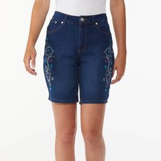 These Dark Blue Denim Shorts Are Very Cute With Embroidered Flowers On The Legs. Great For Any Summer Outing. * High Waist * 60% Cotton, 27% Polyester, 12% Rayon, 1% Spandex * Machine Wash Cold * Imported Pink Denim Shorts, Embroidered Denim Shorts, Yellow Jeans, Embellished Shorts, Tie Dye Denim, Stretch Denim Shorts, Studded Denim, Floral Jeans, High Rise Denim Shorts