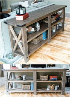 the table is made out of wood and has an entertainment center on one side with shelves