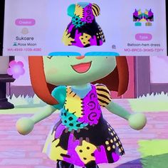 the animal crossing character is wearing a hat and dress with colorful decorations on it's head