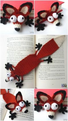 crocheted bookmarks made to look like an animal with eyes and tail