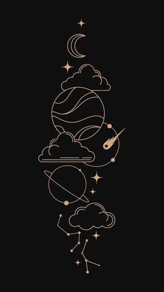 a black background with gold lines and stars in the shape of planets, clouds, and rockets