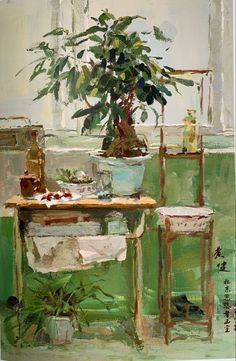 a painting of a potted plant sitting on a table next to two stools