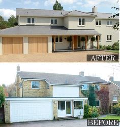 before and after photos of a house with garage doors open to reveal the front porch