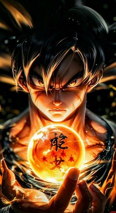 an anime character holding a crystal ball in his hands with the word dragon on it