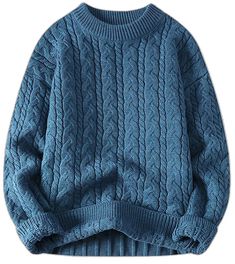 Blue Acrylic Sweater For Fall, Winter Knitted Acrylic Sweater, Cozy Cable Knit Acrylic Sweater, Cozy Blue Acrylic Sweater, Winter Cable Knit Acrylic Sweater, Winter Acrylic Cable Knit Sweater, Ribbed Acrylic Sweater, Casual Acrylic Cable Knit Sweater, Knitted Acrylic Sweater For Cold Weather