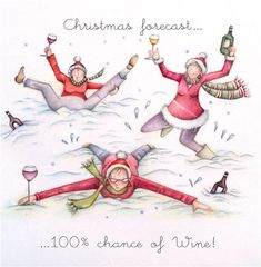 two people in santa hats and snowsuits holding wine glasses while another person is laying on the ground