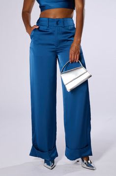 MOVE AND SHAKE TROUSER High-waisted Satin Pants For Work, Casual High Waist Satin Bottoms, Blue Satin Bottoms For Night Out, High Waist Satin Pants In Casual Style, Casual High Waist Satin Pants, Satin Long Pants With Pockets, Chic Satin Straight Pants, High Waist Satin Wide Leg Pants For Work, Chic Straight Leg Satin Bottoms