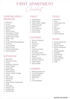 the first apartment checklist is shown in pink