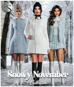 two women in winter coats and boots are posing for the cover of snowy november collection