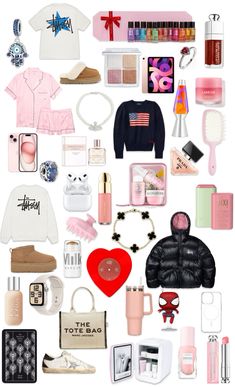 a collage of various items including shoes, sweaters and bags