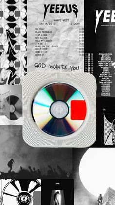 various black and white images with the words yeezus on them, including cds