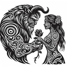 an artistic drawing of two people with long hair and horns, one holding the other's hand