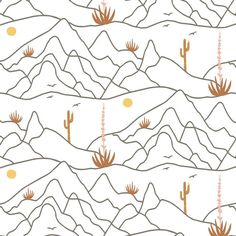 a desert scene with cactus plants and mountains