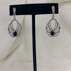 You Will Love The Intricate Design Of These Dangling Earrings With An Art Deco Feel. Dinensions: 1 1/2" Long From Earlobe To Botttom And 3/4" Wide Silver Pear-shaped Earrings For Evening, Elegant Black Metal Teardrop Earrings, Silver Teardrop Earrings For Evening, Black Oval Jewelry For Party, Black Oval Earrings For Formal Occasions, Black Teardrop Earrings For Evening, Black Teardrop Earrings For Formal Occasions, Black Oval Pierced Earrings, Black Oval Earrings For Anniversary