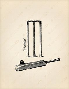 an old drawing of a cricket bat and ball