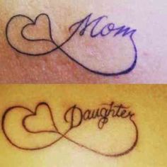 two tattoos with the words mom and daughter written on them, one has an intertwined heart