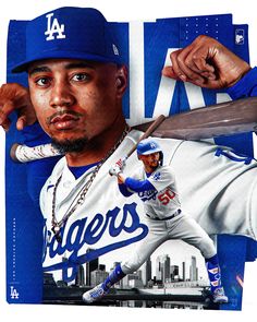 a collage of a baseball player holding a bat and wearing a dodgers uniform with the los angeles skyline in the background