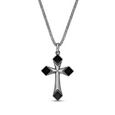 A bold portrayal of his beliefs, this angled onyx cross necklace is impossible to miss. Sterling silver Four geometric black onyx stones decorate the cross ends 24-inch popcorn chain with lobster clasp Mens Gemstone Rings, Sterling Silver Cross Necklace, Wedding Ring Necklaces, Black Onyx Stone, Onyx Stone, Accessories Jewelry Necklace, Gold Diamond Rings, Men's Rings, Necklace Sterling Silver