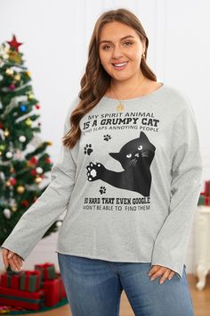 Round Neck Black Cat Print Casual Loose Sweatshirt Long Sleeve Cotton Tops With Cat Print, Casual Long Sleeve Tops With Cat Design, Casual Long Sleeve Top With Cat Print, Casual Cat Design Tops For Fall, Casual Tops With Cat Design For Fall, Casual Fall Tops With Cat Design, Fall Crew Neck Top With Cat Print, Fall Cat Print Crew Neck Top, Black Relaxed Fit Tops With Cat Design