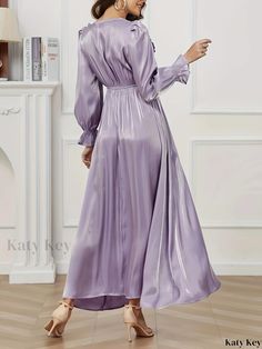 Katykey - Premium Ruffle Trim Kaftan Abayas: Graceful, Long Sleeve A-line Dress for Womens Clothing Flowy Floor-length Kaftan, Embellished Silk Floor-length Kaftan, Luxury Satin Maxi-length Kaftan, Elegant Purple V-neck Kaftan, Silk Floral Print Floor-length Kaftan, Ruffle Trim, A Line Dress, Collar Styles, Solid Color