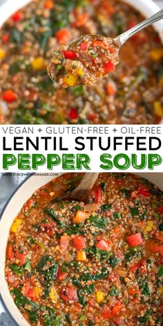 lentils stuffed pepper soup in a white bowl with a wooden spoon and text overlay