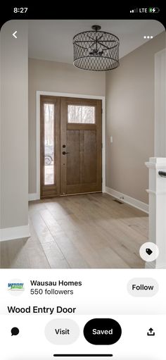 an open house door with the words wood entry door on it's left side