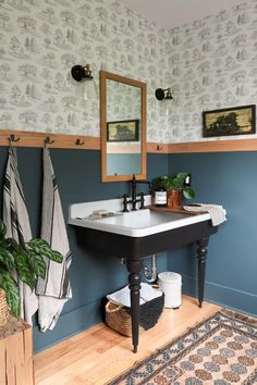 a bathroom sink sitting under a mirror next to a rug