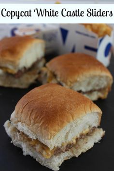 a close up of a sandwich on a plate with the words copycat recipe white castle sliders