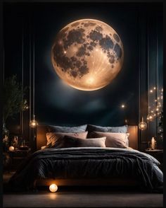 a full moon in the night sky above a bed