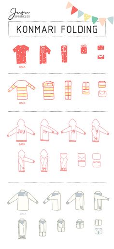 the instructions for how to fold clothes and sweaters in different styles, sizes and colors