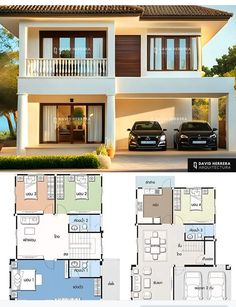 two story house plan with three cars parked in the driveway and one car parked on the side