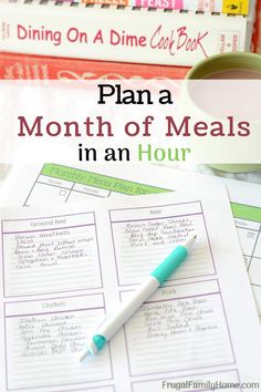 a cup of coffee and some books with the title plan a month of meals in an hour