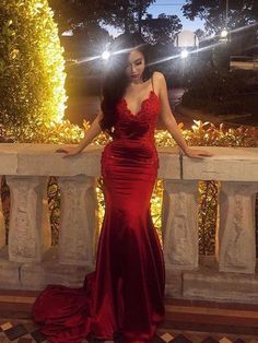 Sheath/Column Sleeveless Spaghetti Straps Sweep/Brush Train Applique Silk like Satin Dresses - Prom Dresses Cherry Red Dress Prom, Backless Mermaid Prom Dresses, Red Mermaid, Formal Ball Gown, Custom Prom Dress, V Neck Prom Dresses, Gown Plus Size, Prom Dresses For Sale, Long Evening Gowns