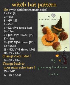 a crocheted witch hat and two pumpkins on a chalkboard with instructions