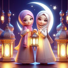 two women in muslim garb holding lanterns