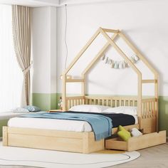 a bed with a wooden frame and two drawers underneath it