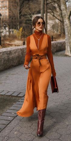 Sweater And Silk Dress Outfit, Fall Statement Outfits, Statement Work Outfit, High Fashion Modest Outfits, High Thigh Outfits, Satin Slip Dress Winter Outfit, Monochrome Style Women, Shoes For Silk Dress, Silk Dress With Belt