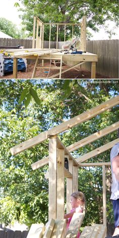 two pictures of people building a wooden structure in the yard and one has a child on it