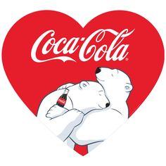 a heart shaped sticker with an image of two polar bears hugging and the words coca - cola on it