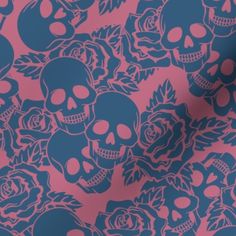 a blue and pink background with skulls and roses on the bottom half of each skull