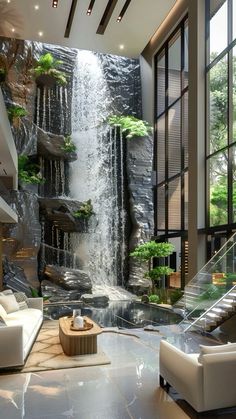 a living room filled with furniture and a waterfall